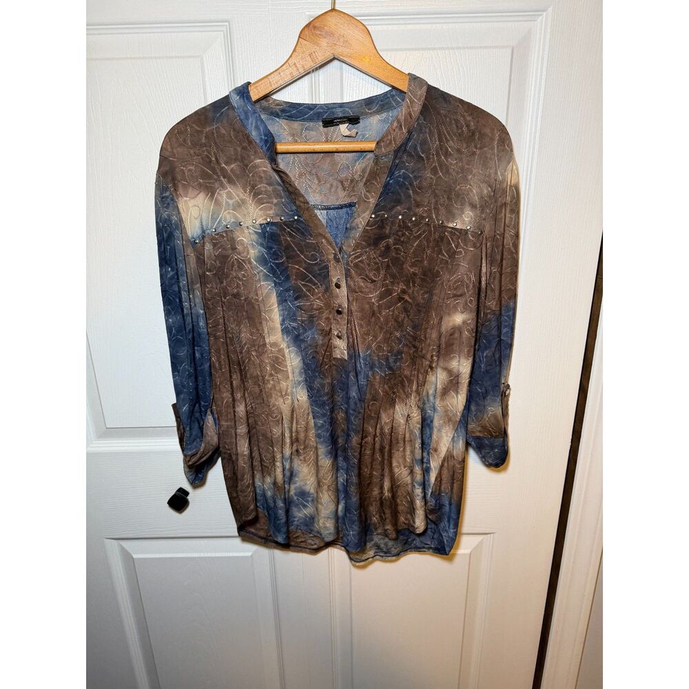 Vera Rose Women's Large Boho Tie Dye Embroidered Studded Blouse Top